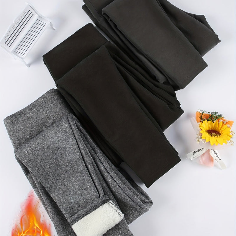 3pcs -Lined Solid Color Skin-Tight Leggings, Autumn/Winter.
