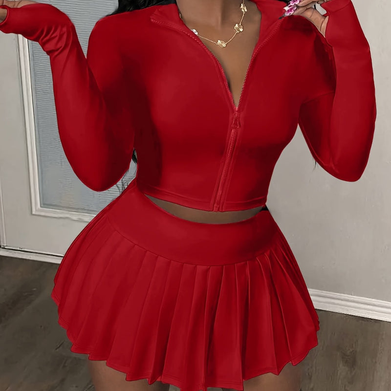 2pcs Women'S Casual V-Neck Zip-Up Top And Pleated Mini Skirt Set.