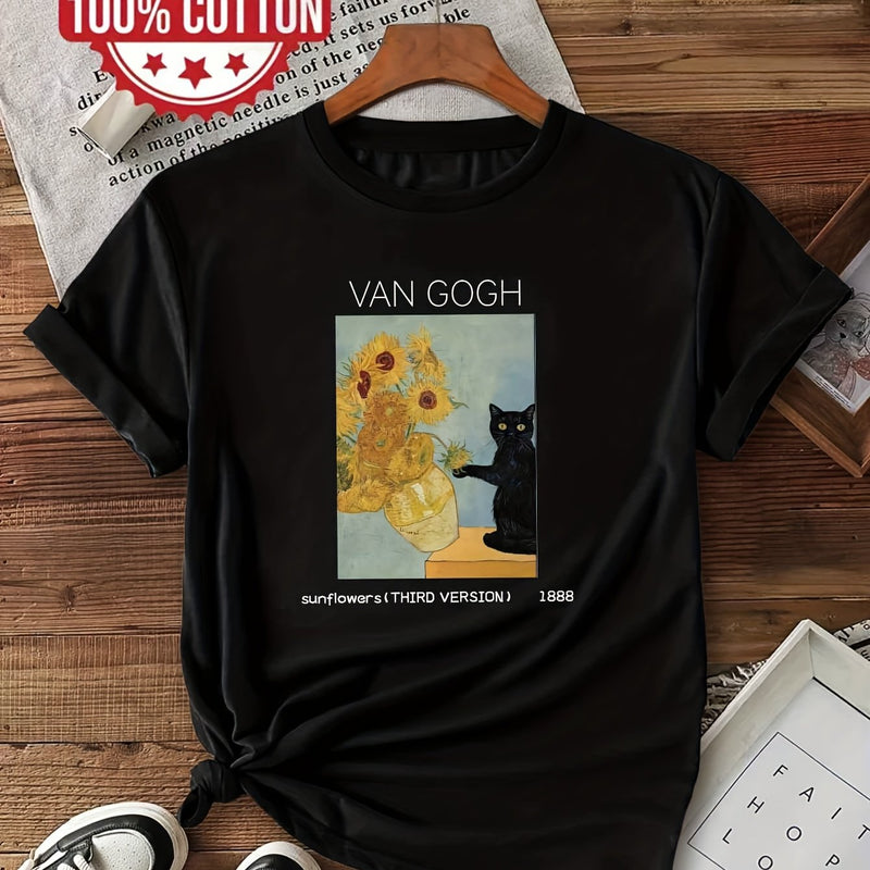 Women's Van Gogh Sunflowers & Black Cat Art Print T-Shirt.