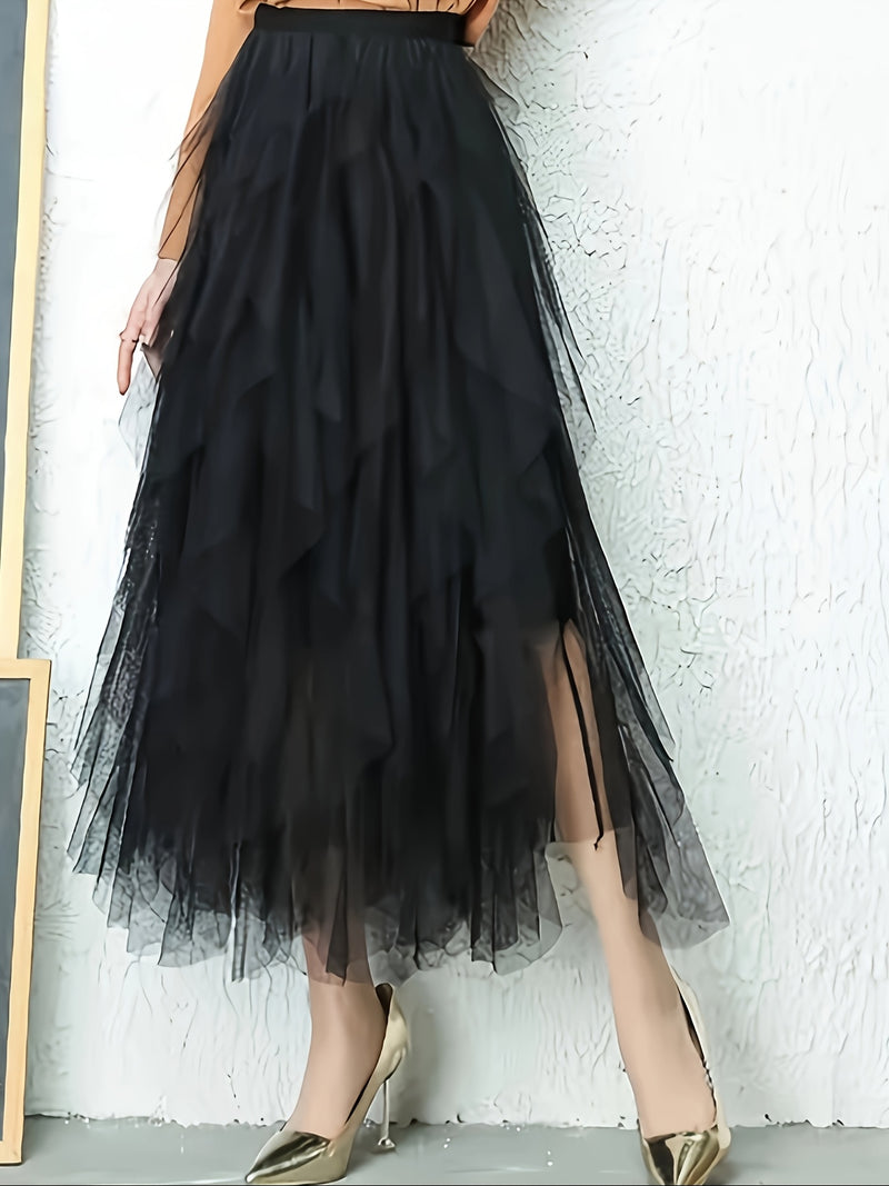 Chic Elegance, Elegant High-Waist A-Line Tulle Skirt for Women.