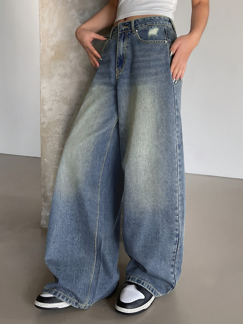 Women's New Washed Blue Wide-Leg Ultra-Long Floor-Length Ripped Loose-Fit Wide-Leg Casual Jeans.