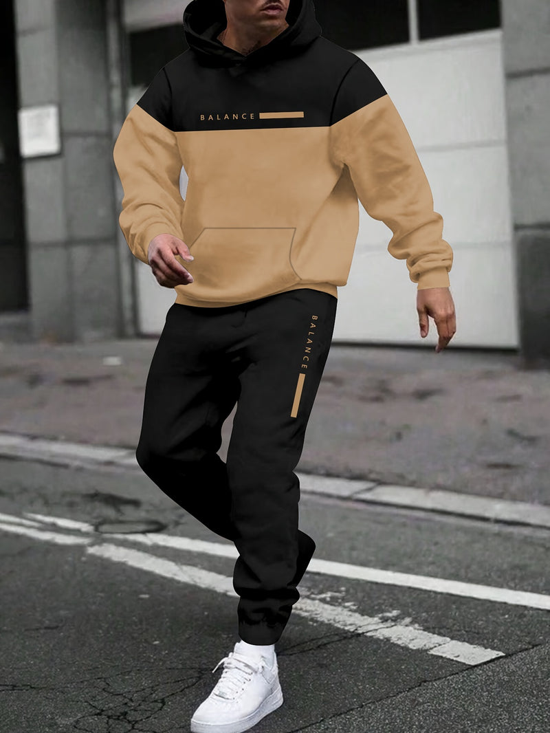 Men's Autumn And Winter Letter Print Spliced Drawstring Hoodie Sports.