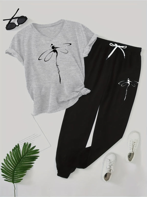 Women's 2pcs Outfit - Batwing V-Neck Top with Dragonfly & Letter Print.