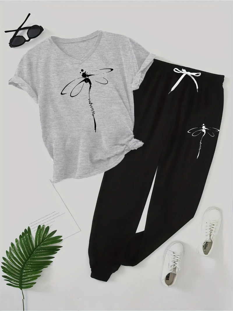 Women's 2pcs Outfit - Batwing V-Neck Top with Dragonfly & Letter Print.