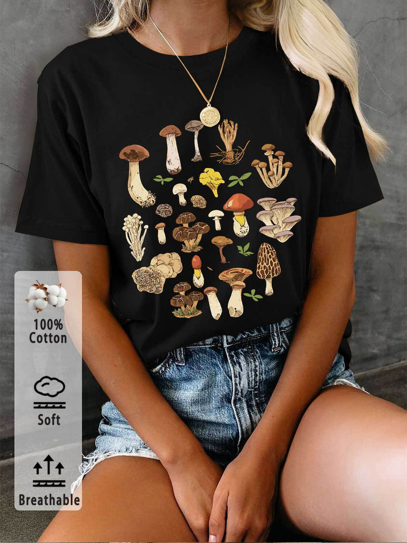 Women’s T-Shirt with Mushroom And Leaf Prints.