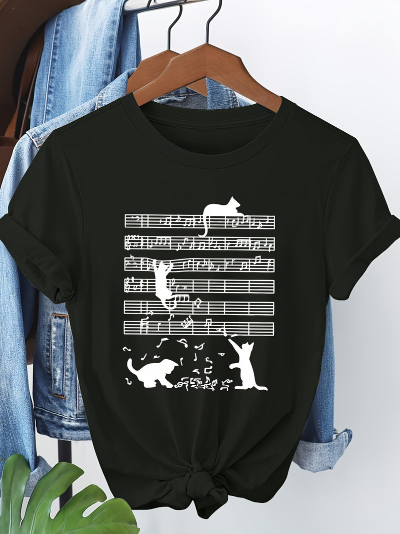 Women's Casual Short Sleeve T-Shirt with Music Note & Cat Print.