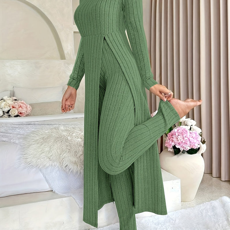 2pcs Women's Designer Round Neck Split Long Sleeve Top and Pants.