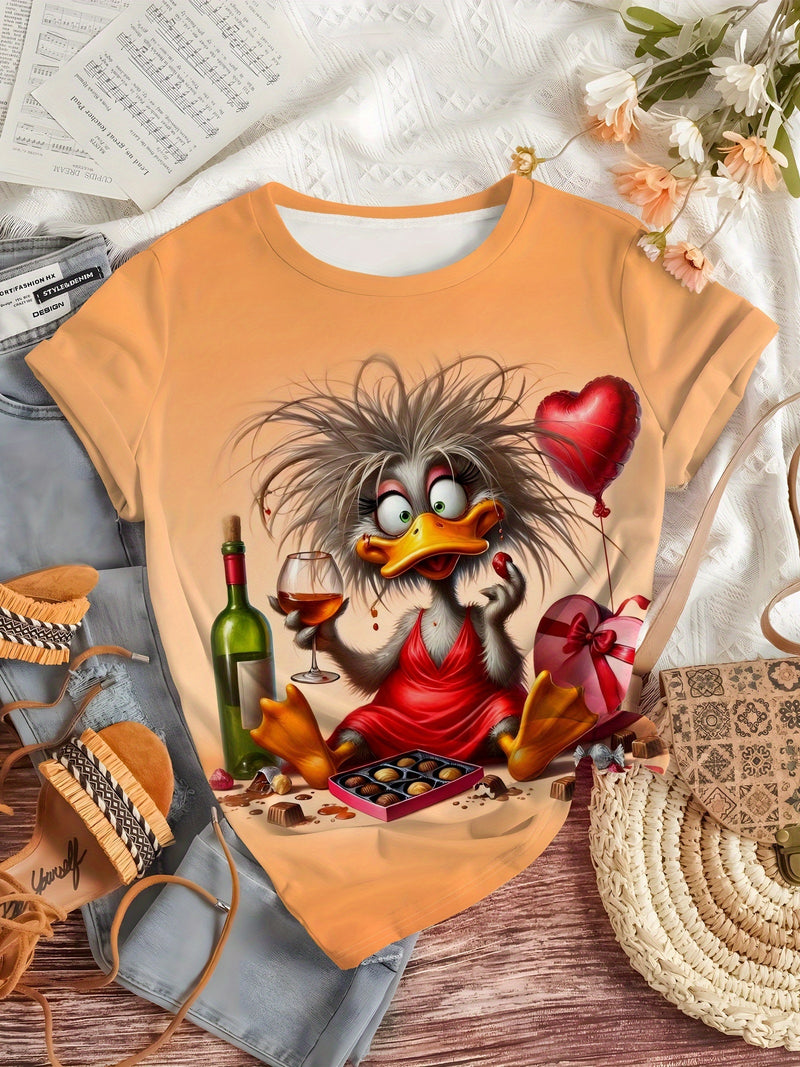 A Short-Sleeved Shirt Featuring a Casual Duck Wine Chocolate Design, Perfect for Women.