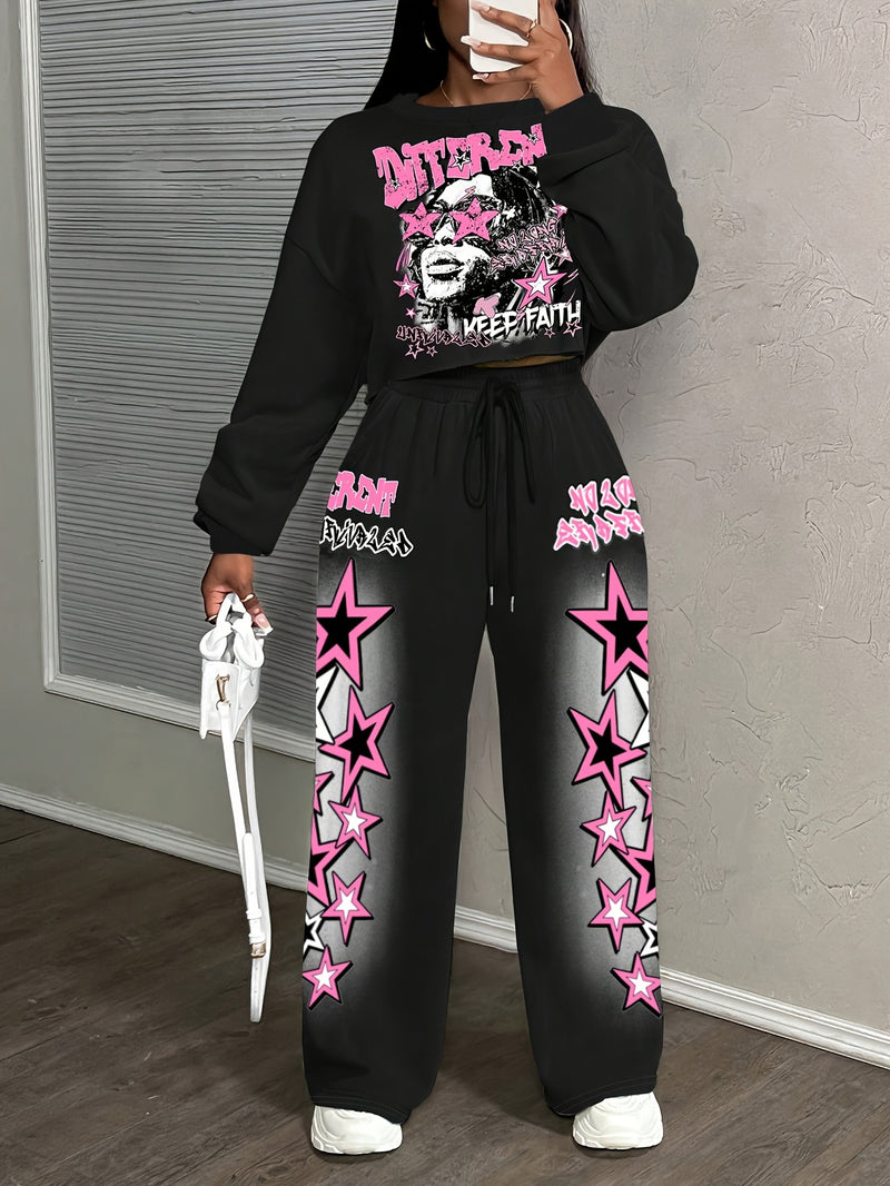 Fashion Women's Long-sleeve Sweatshirt and Pants Set with Star Print.