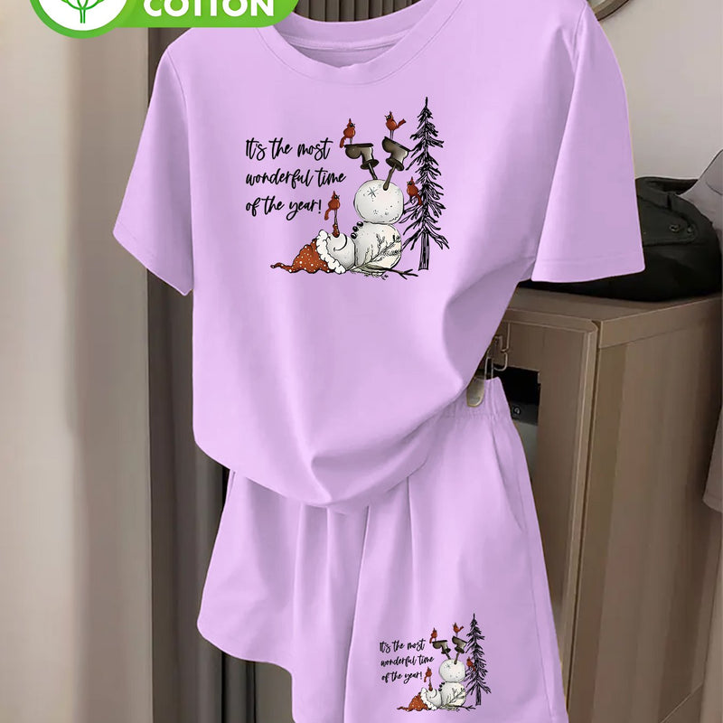 Women's Stylish Christmas Snowman Printed Short-Sleeve And Shorts Set.