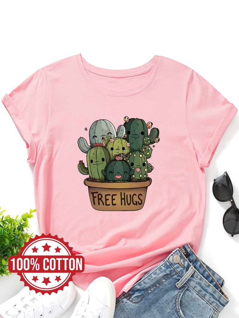 Women's "Free Hugs" Slogan T-Shirt.
