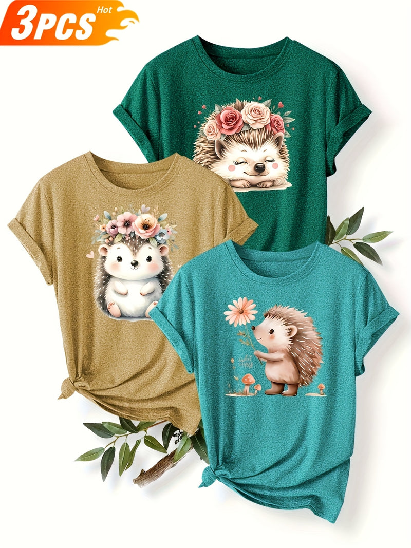3pcs Women's Cute Hedgehog Graphic T-Shirts.