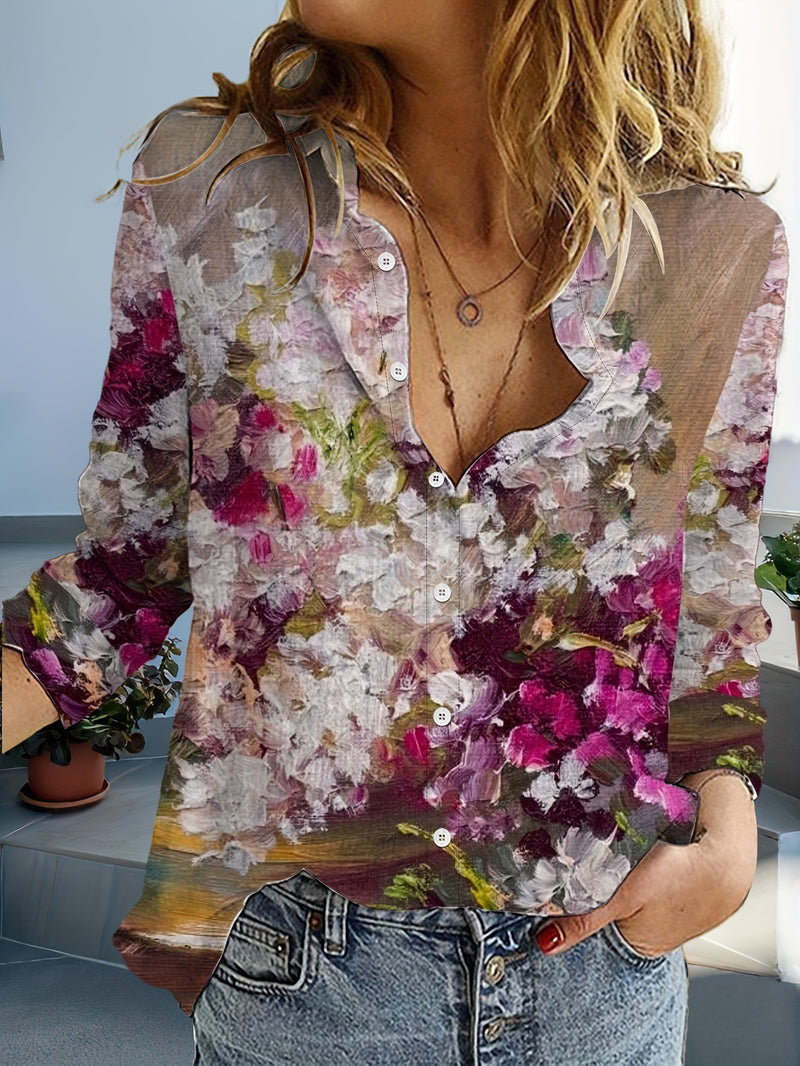 Elegant Women's Floral Print Button-Up Shirt.