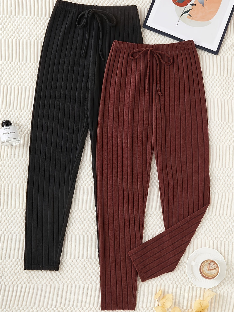 2-Pack Solid Color Fashion Ribbed Casual Wide Leg Women's Pants.