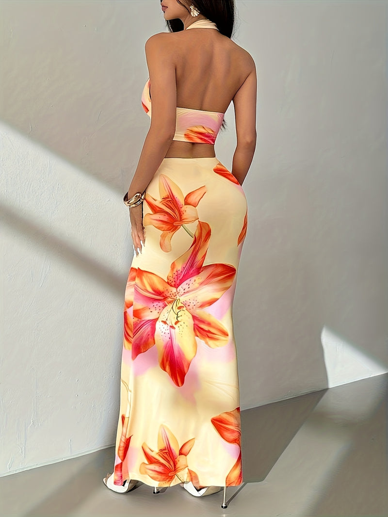 Women’s Floral Halter Crop Top & Ultra-Long Skirt Set.
