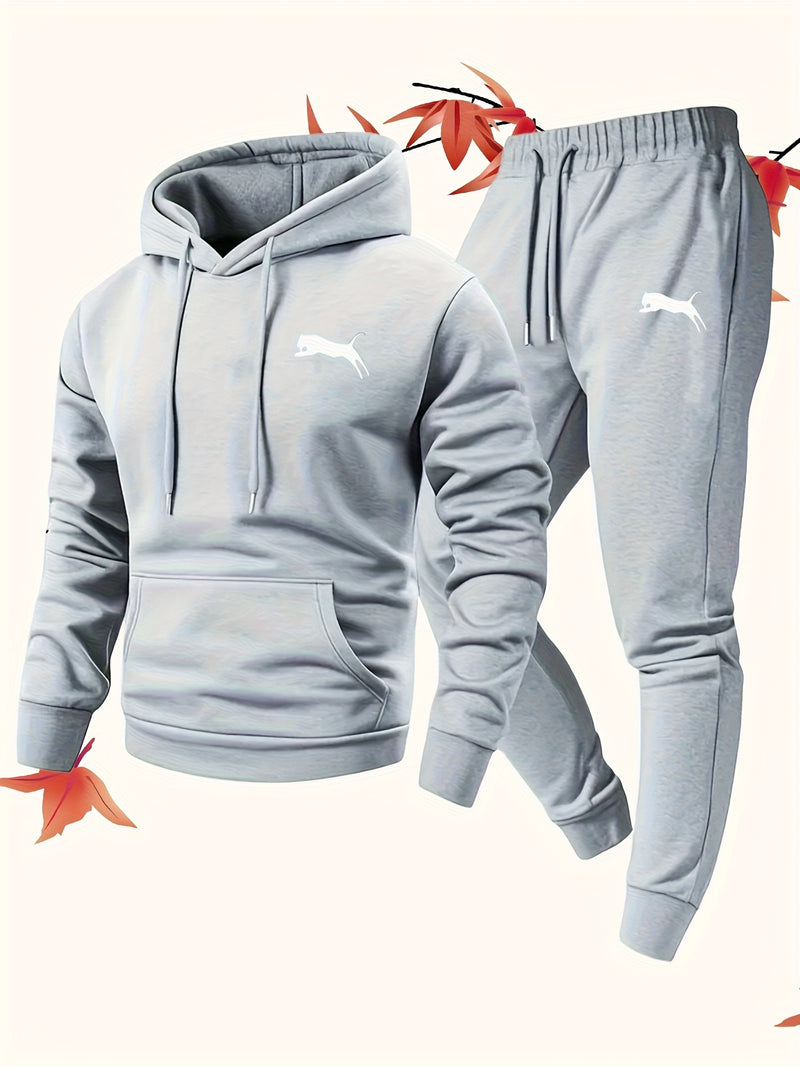 Fashion Versatile Warm 250gsm Hooded Sweatshirt + Pants Two-Piece Set for Men.