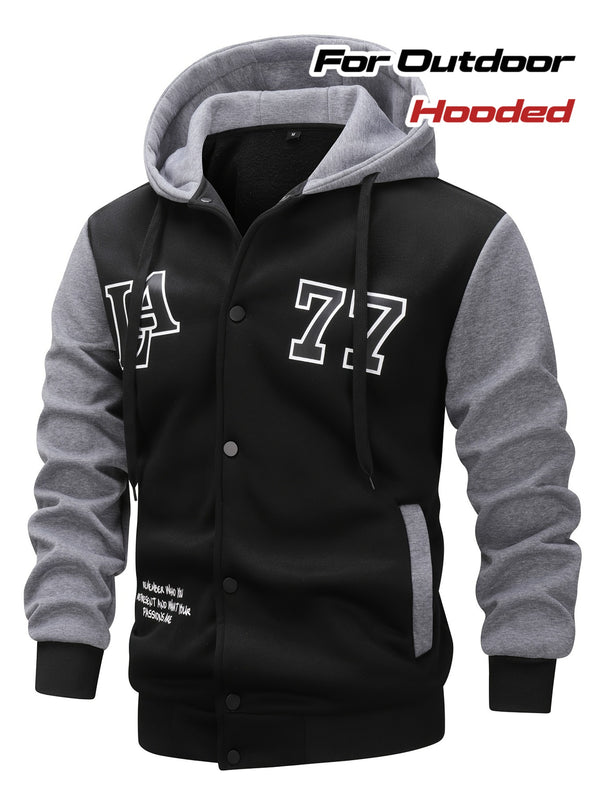 Men's Color Blocking Letters Pattern Hooded Baseball Jacket, Casual Stylish Outdoor.