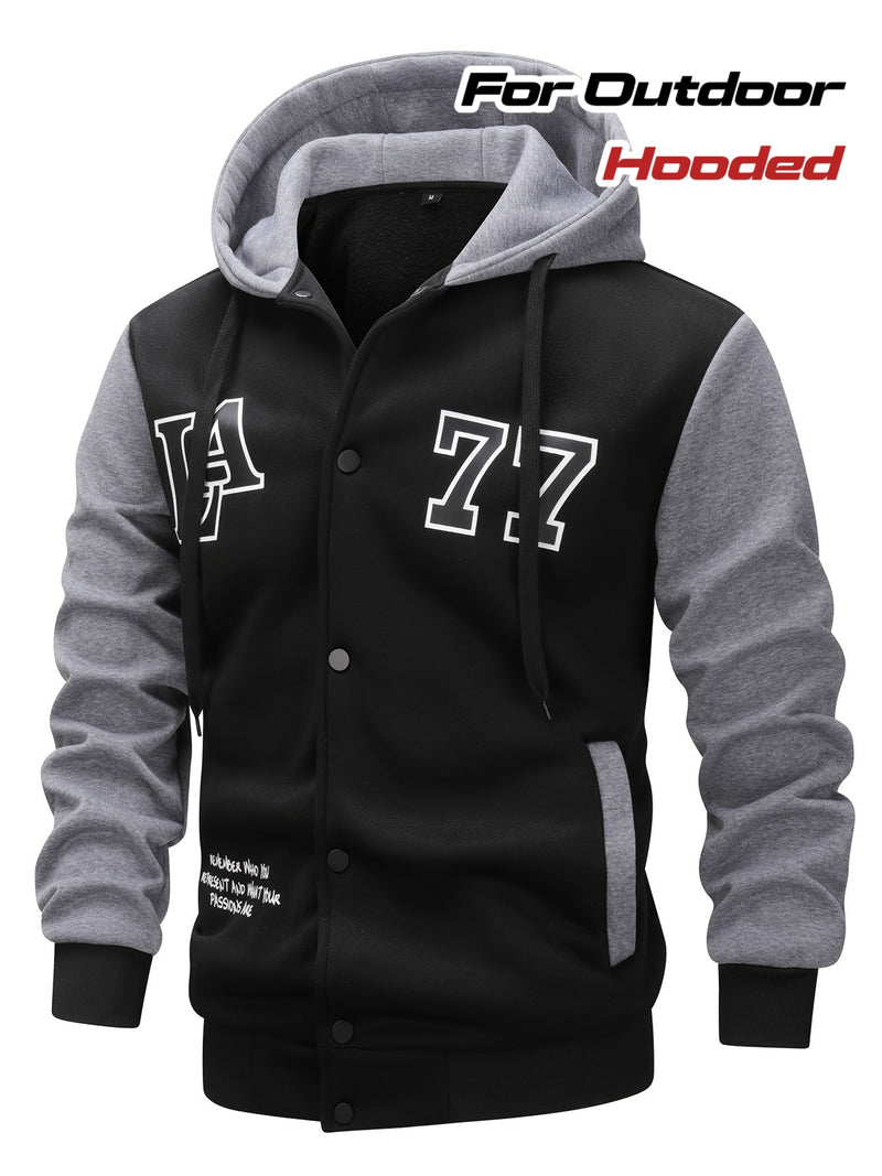 Men's Color Blocking Letters Pattern Hooded Baseball Jacket, Casual Stylish Outdoor.