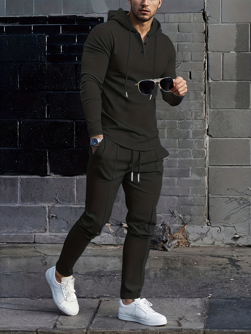 A Two-Piece Casual Outfit for Men Hooded Long-Sleeve T-Shirt.