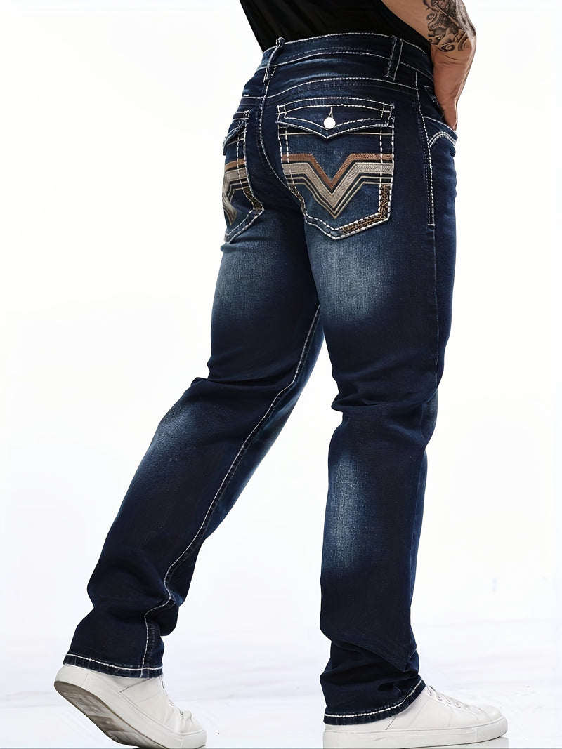 Men's Vintage-Inspired Slim Fit Embroidered Stretch Jeans.