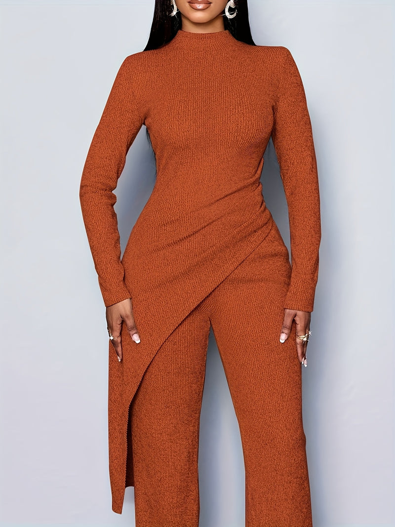 Women's Elegant Solid Color Fleece Ribbed Asymmetric Hem Top Paired with Flared Pants.
