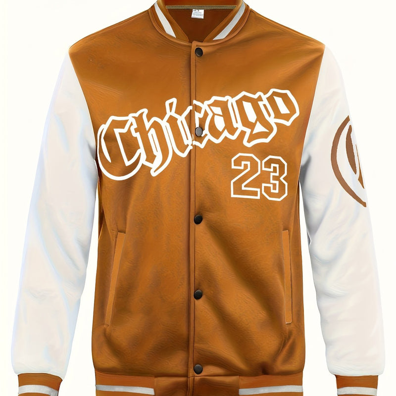 Men's Casual Letter Print Color Block Varsity Jacket, Baseball Jacket.