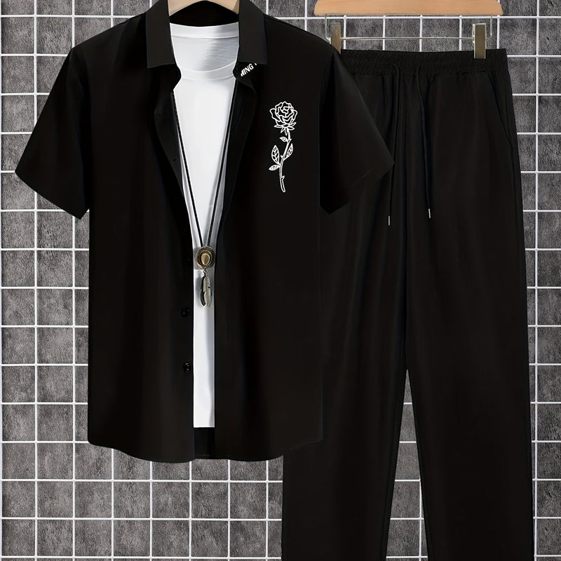 2pcs Printed Men's Summer Short Sleeve Button Shirt and Long Pants Set.