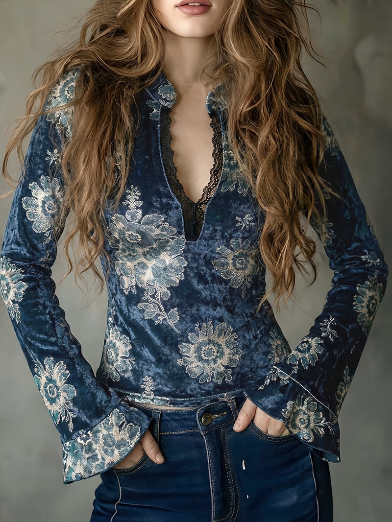 Women's Vintage Blue Floral Velvet Blouse, Lace Bell Sleeve Deep V-Neck Top.