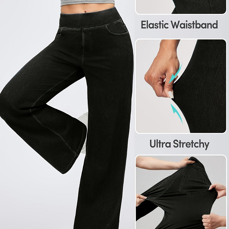 Black Trendy Elastic Waist Straight-Leg Flared Jeans for Women.