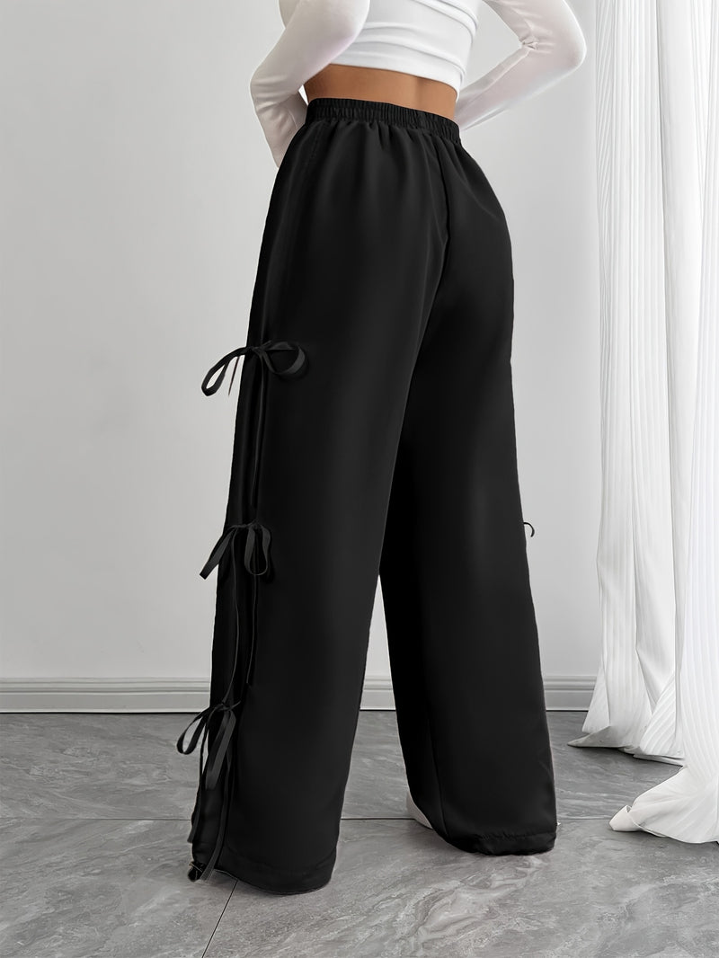 Women’s Elastic Waist Suitable for Spring, Wide-Leg Pants with Side Bow.