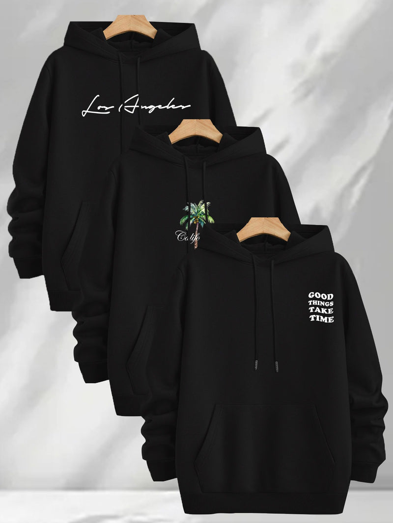 3pcs Trendy Print Sweatshirt, Men's Casual Hooded Sweatshirt.