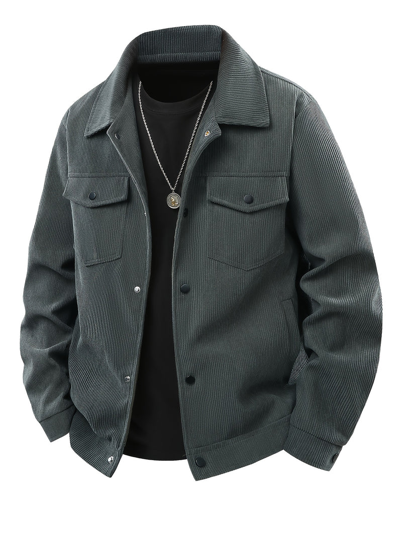 Men's Corduroy Cargo Jacket with Multiple Pockets - Polyester Casual Workwear.