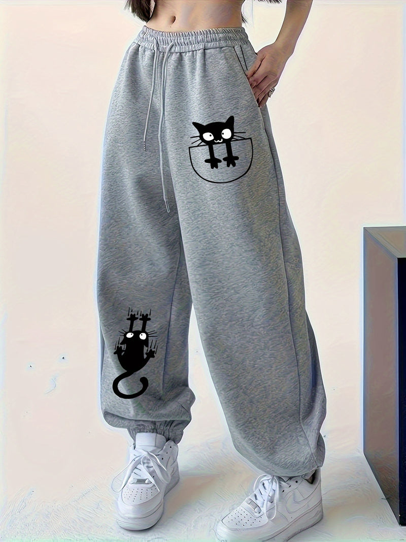 Women’s New Style, Cat Print Design, Solid Color Loose-Fitting Cuffed Joggers.