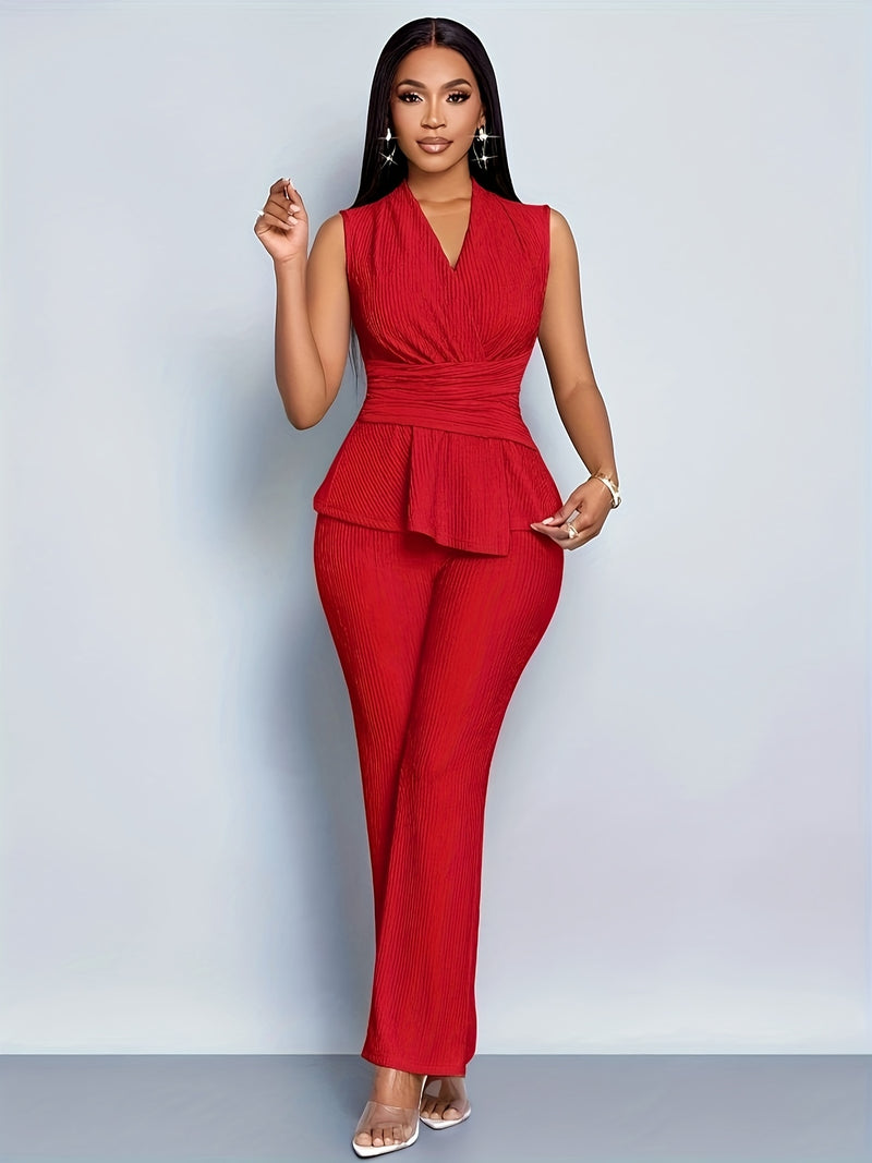 Women's Elegant V-Neck Sleeveless T-Shirt and Wide-Leg Pants 2pcs Set.