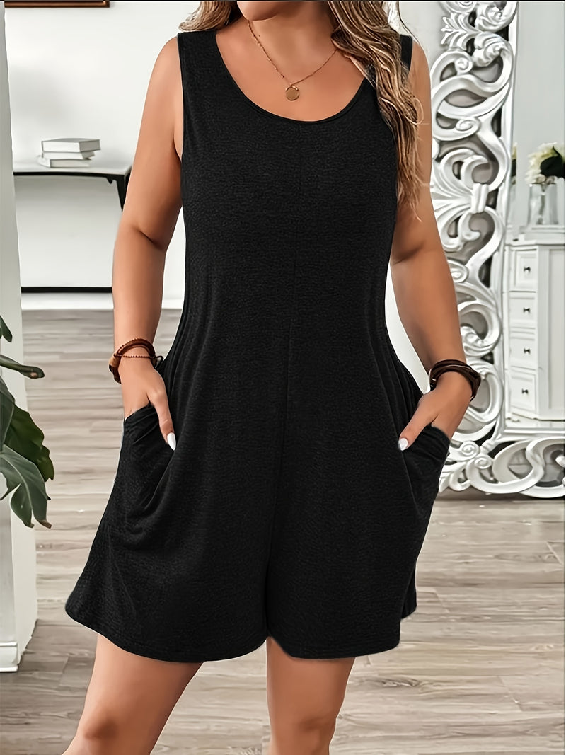 Women's Outfit Featuring a Solid Color Jumpsuit with a Loose Fit And Side Pockets.