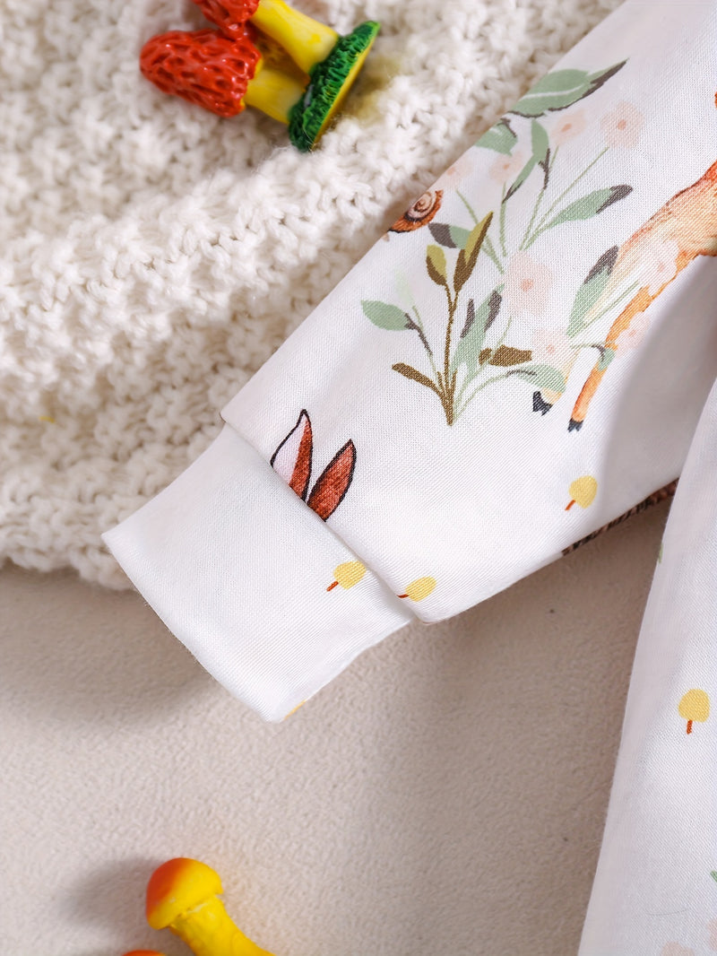 Children's Cartoon Animal Print Round Neck Long Sleeve Bodysuit.