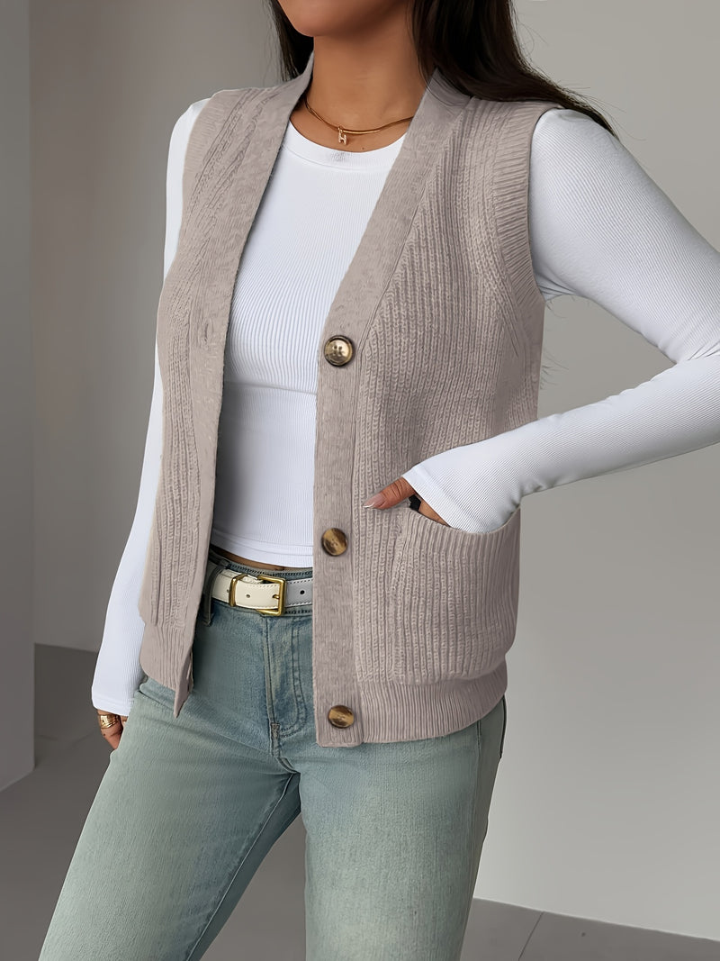 New Solid Color V-Neck Pocket Women's Sweater Vest.
