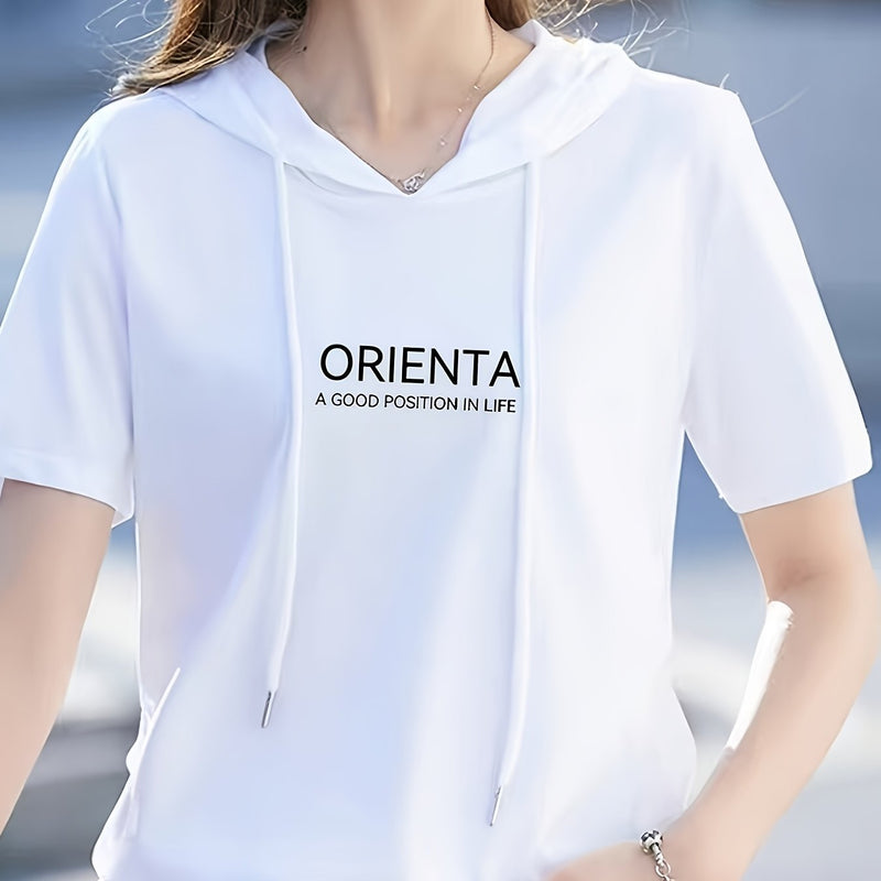 Summer New Korean Version Loose Short Sleeve Thin Trendy Printed Hooded T-Shirt for Women.