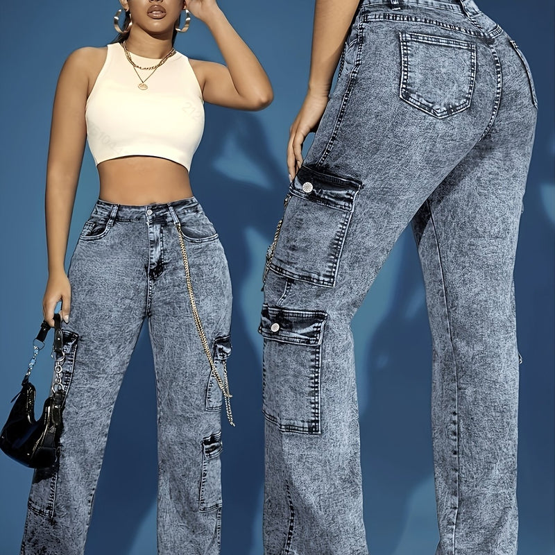 Women's High-Waisted Stretch Denim Cargo Pants.
