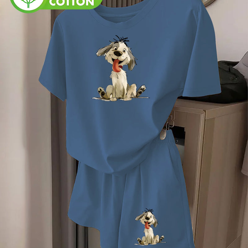 Women's Fashion Cartoon Puppy Print Short Sleeve T-Shirt and Shorts.