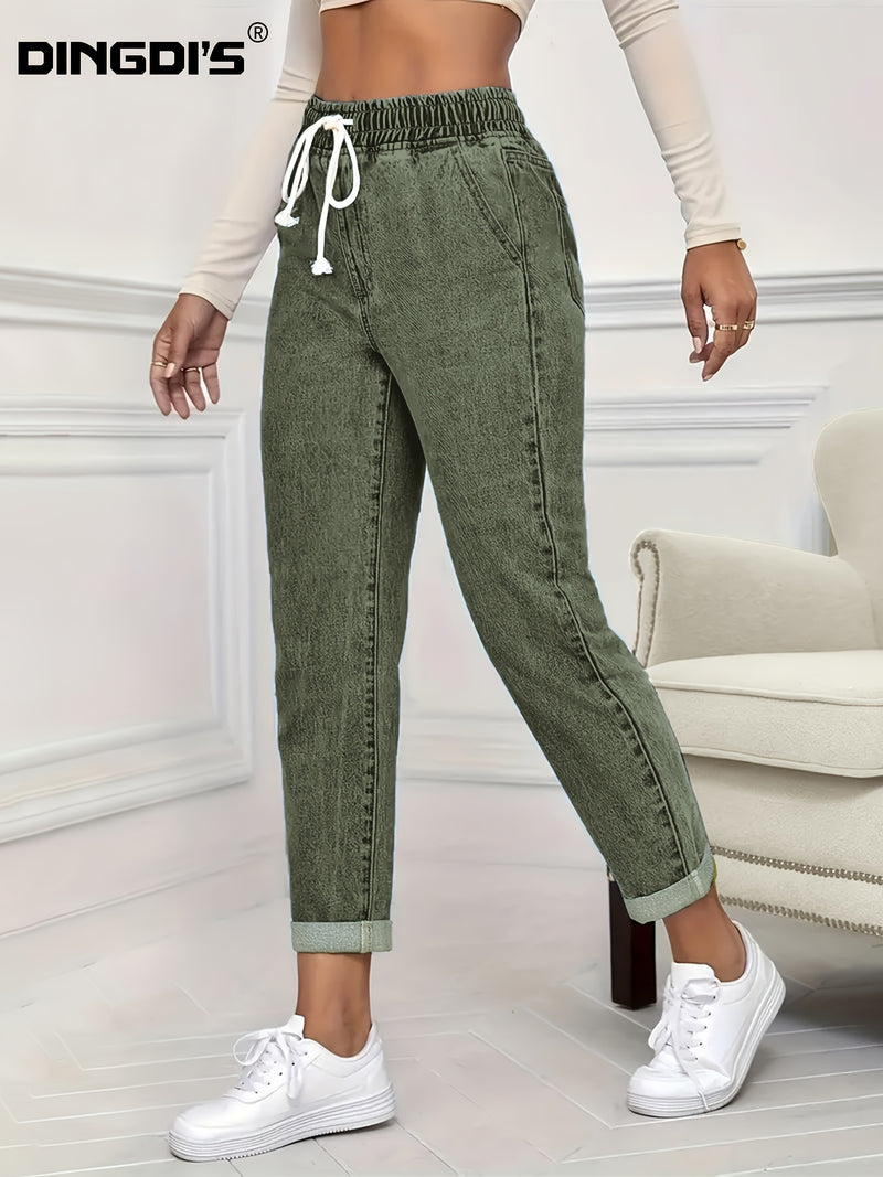 Women's stretch elastic waist drawstring slim fit jeans.