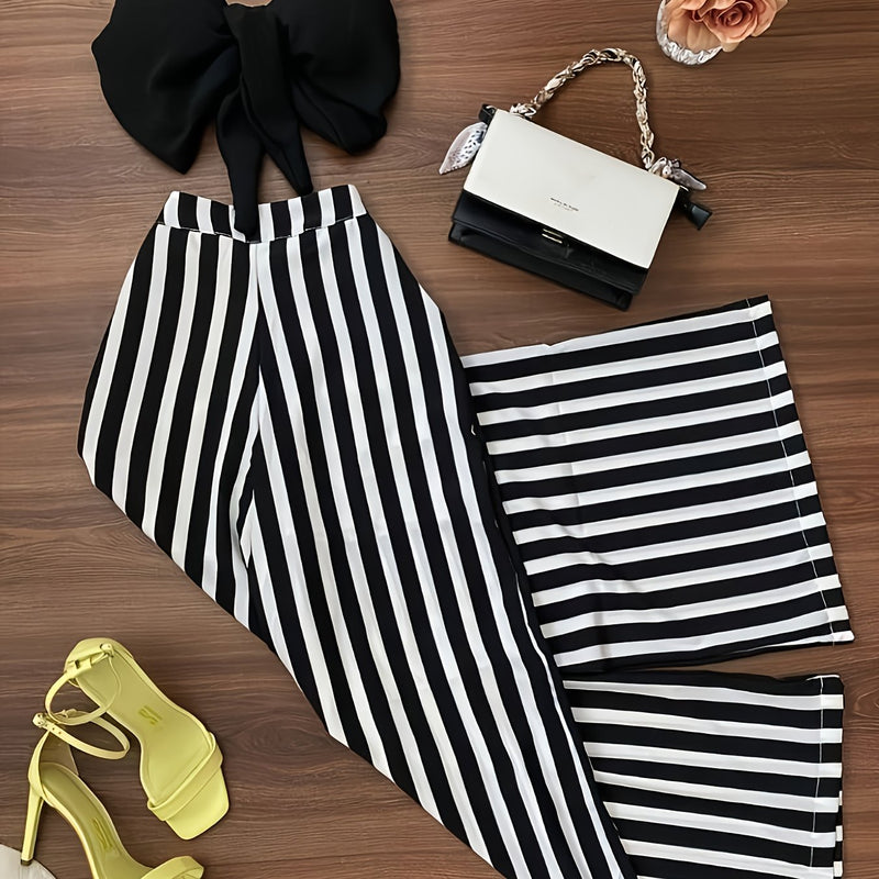 2pcs Women’s Elegant Black Tie-Up Camisole And Black And White Striped Wide-Leg Pants.