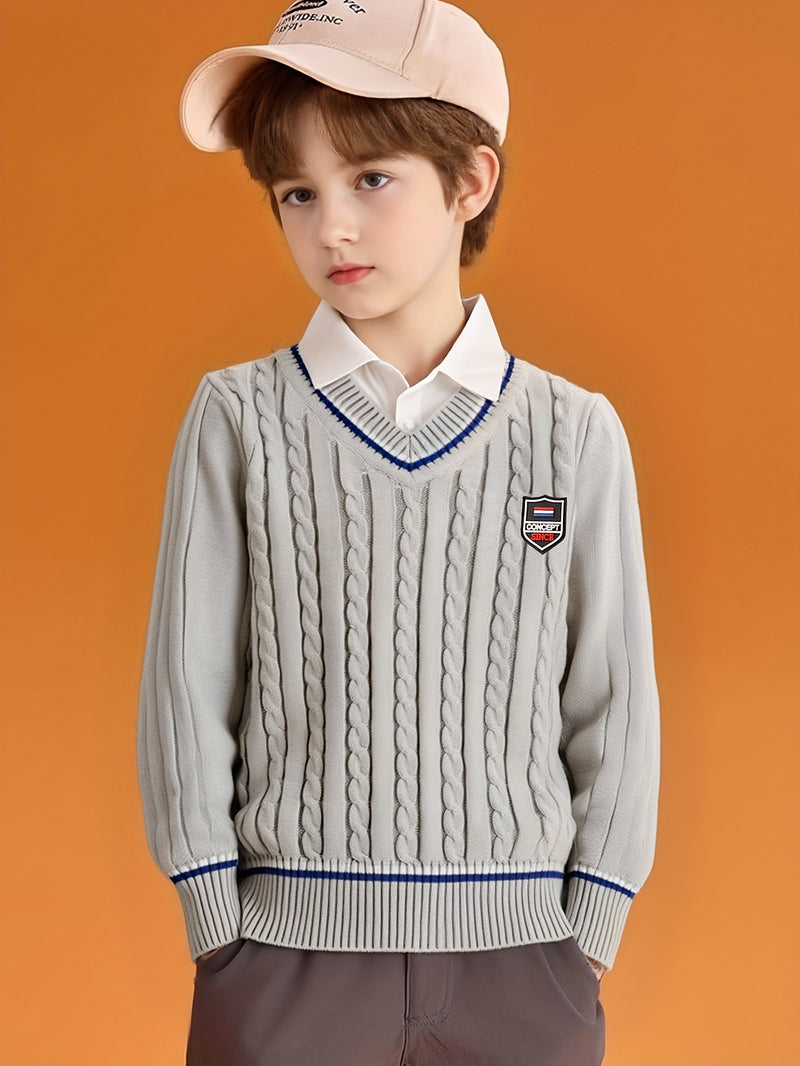 Boys' Red & Striped V-Neck Sweater.