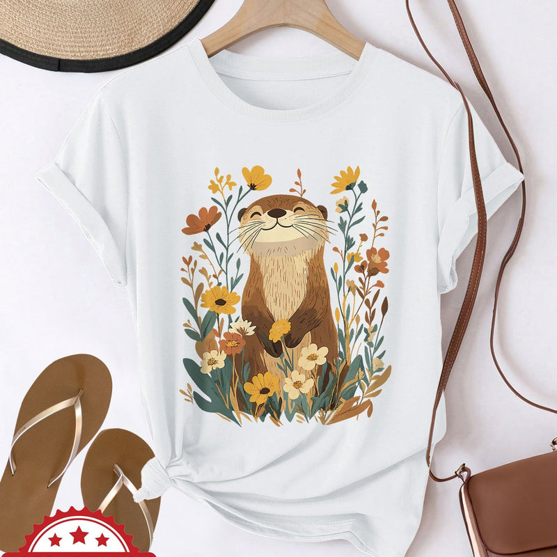 Women's Cute Otter & Floral Print T-Shirt.