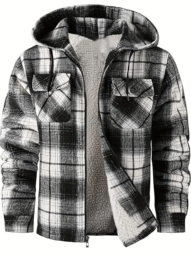 Men's Warm Jacket with Sherpa Lining, Plaid Hooded Zip-Up Winter Coat.