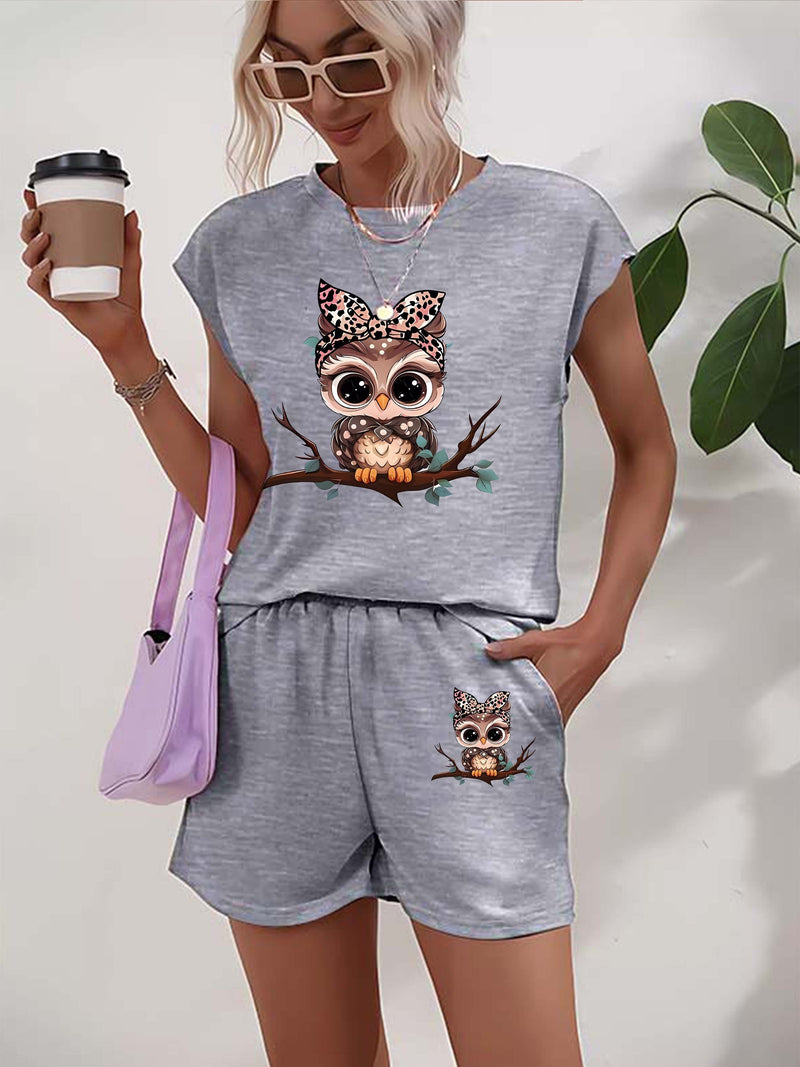 Women’s Graphic Print Two Piece Set, Short Sleeve T-shirt & Shorts.