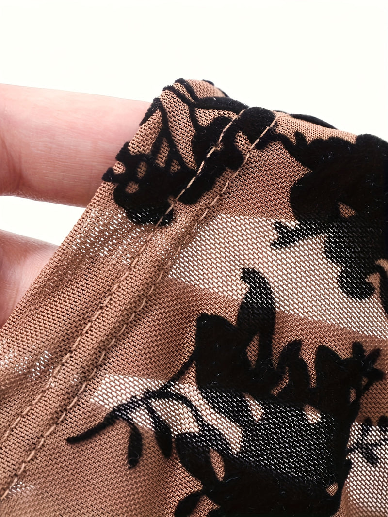 Women's Summer Square Neck Ruffled Floral Mesh Short Sleeve T-Shirt.