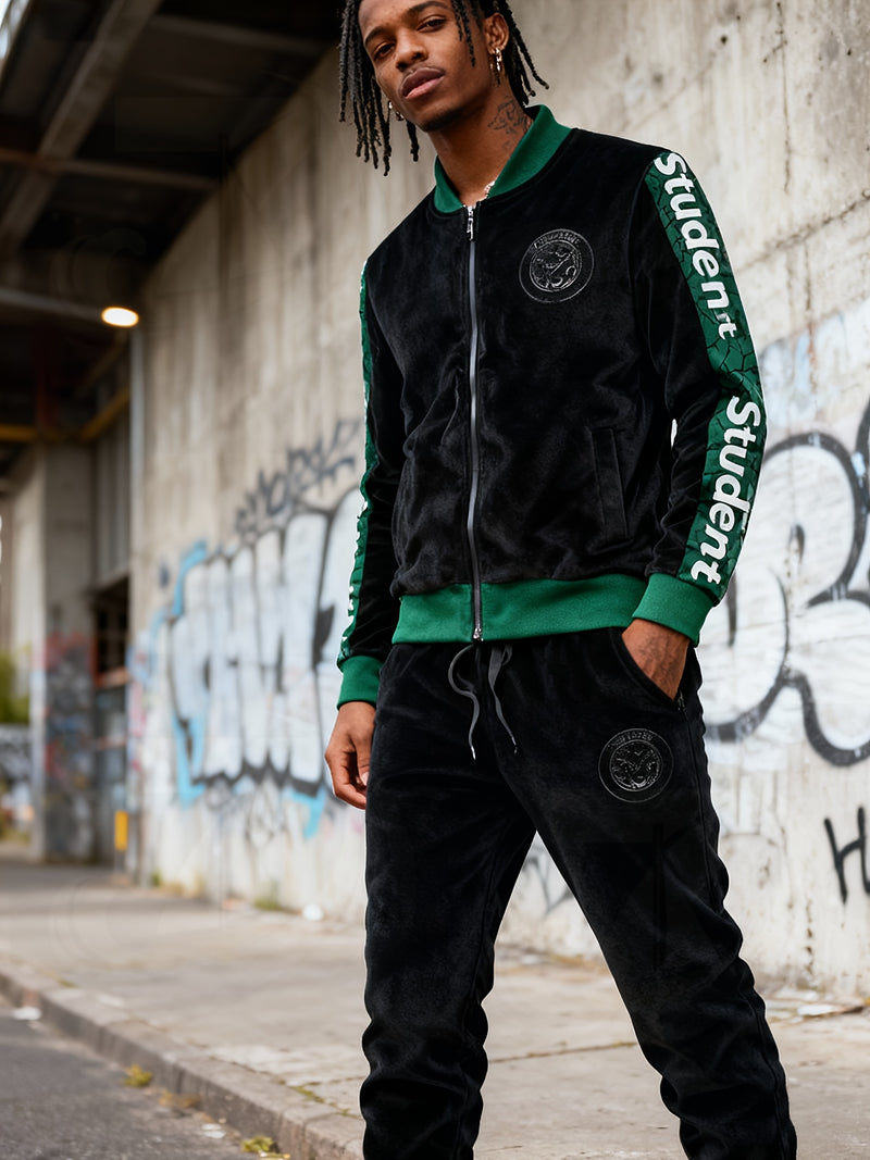 Student Fashion Velvet Sports Suit Men Premium Plush Casual Jacket Pants 2pcs.