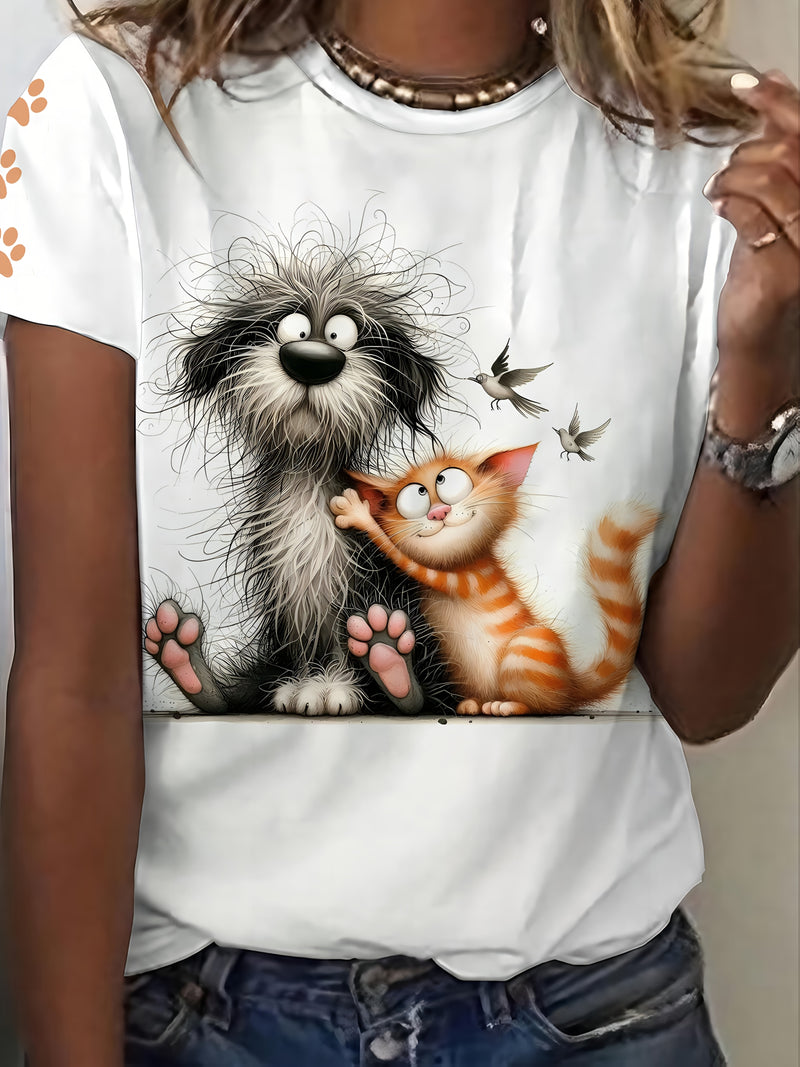 Women's Cute Pet Lover T-Shirt - Dog & Print Short Sleeve Crew Neck Top.