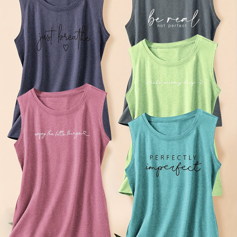 5pcs Women's Vest Tops with English Letter Print.